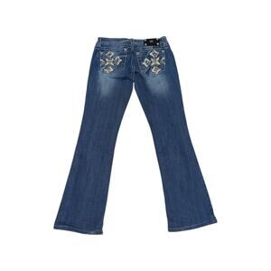 Miss Me Signature Bootcut Jeans Womens 27 Denim Leather Patch Pocket Pants Blue